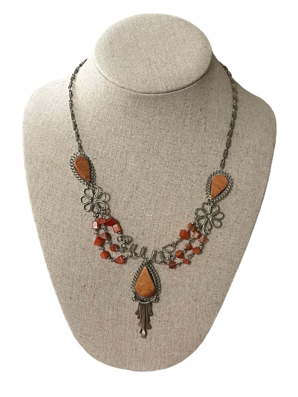 Vintage Womens Necklace Peruvian Stone Carnelian Metal Jewelry Trival Boho